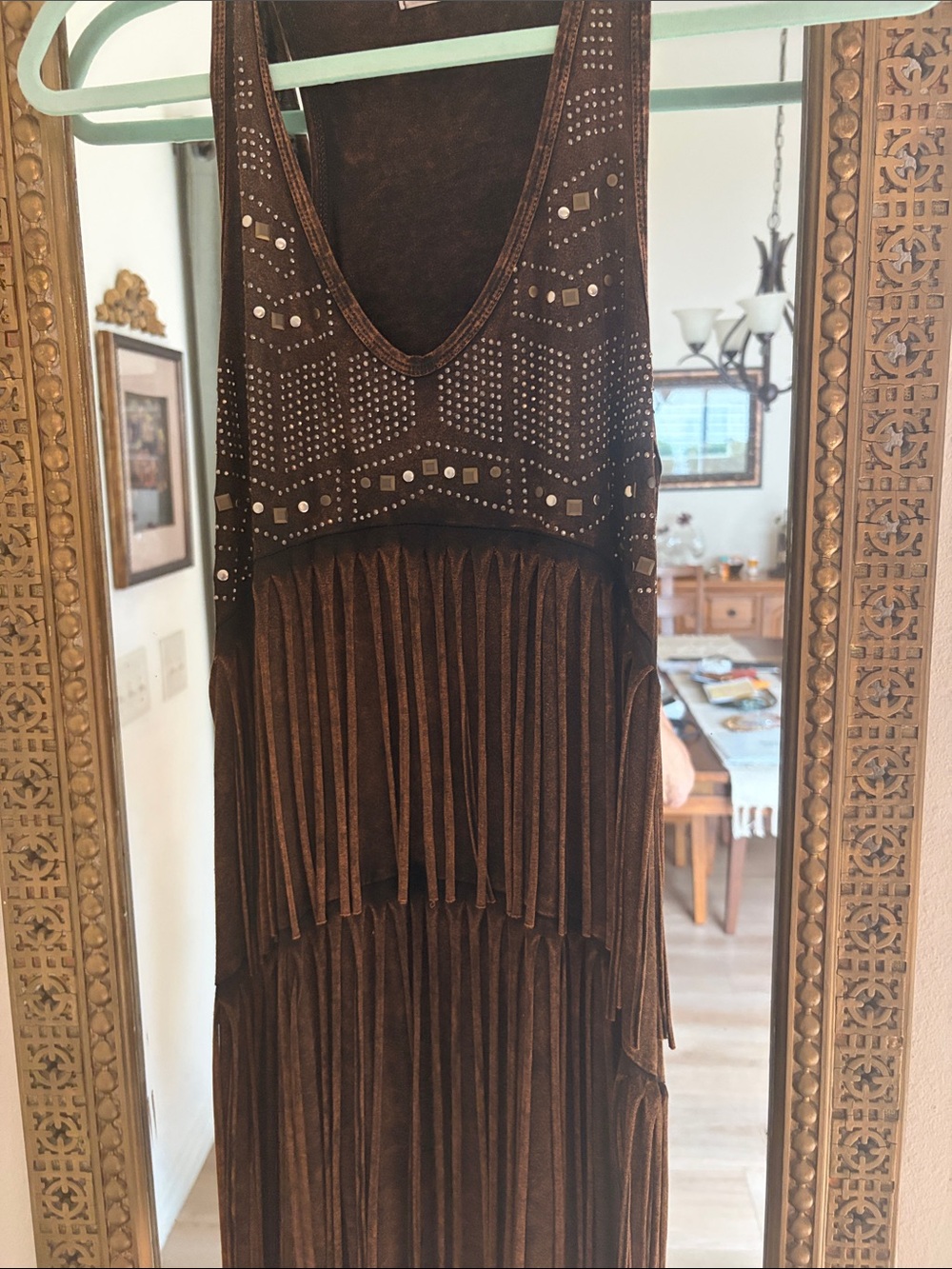 T Party Fashion Brown Studded Fringe Maxi Dress